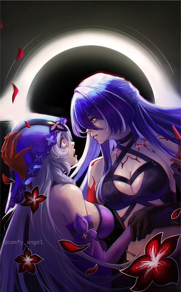 2girls acheron_(honkai:_star_rail) armor bare_shoulders black_choker black_hole body_markings breasts bright_pupils choker cleavage colored_extremities comfy_angel commentary criss-cross_halter crop_top detached_sleeves english_commentary flower halterneck honkai:_star_rail honkai_(series) large_breasts long_hair looking_at_another midriff multicolored_hair multiple_girls navel open_mouth orange_eyes parted_lips profile purple_hair purple_sleeves purple_veil red_eyes red_flower red_petals scared shoulder_armor sideboob streaked_hair sweat twitter_username upper_body very_long_hair white_pupils wide-eyed yuri