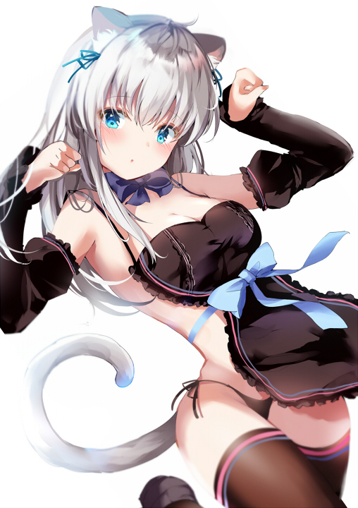 1girl :o animal_ear_fluff animal_ears apron arm_up bangs bare_shoulders black_apron black_legwear black_panties black_sleeves blue_bow blue_eyes blue_ribbon blush bow breasts cat_ears cat_girl cat_tail cleavage commentary_request detached_sleeves eyebrows_visible_through_hair frilled_apron frills hair_between_eyes hair_ribbon hand_up juliet_sleeves long_hair long_sleeves medium_breasts nearly_naked_apron original panties parted_lips paw_pose pon_(ponidrop) puffy_sleeves ribbon side-tie_panties silver_hair simple_background sleeves_past_wrists solo standing standing_on_one_leg tail thighhighs underwear white_background