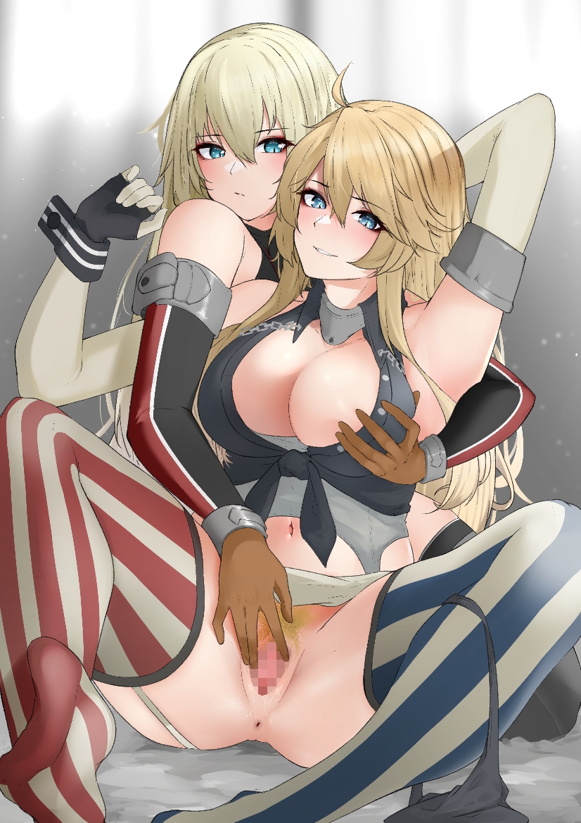 2girls anus aqua_eyes bismarck_(kancolle) black_panties blonde_hair blue_eyes breasts brown_gloves censored collar commission detached_sleeves elbow_gloves female_pubic_hair fingerless_gloves gloves grey_thighhighs hair_between_eyes iowa_(kancolle) kantai_collection large_breasts long_hair metal_collar military_uniform mosaic_censoring multiple_girls navel open_mouth panties panties_around_one_leg partially_undressed pubic_hair pussy skeb_commission spread_legs spread_pussy star-shaped_pupils star_(symbol) striped_clothes striped_thighhighs symbol-shaped_pupils thighhighs underwear uniform vertical-striped_clothes vertical-striped_thighhighs yuri z_(knkr1025)