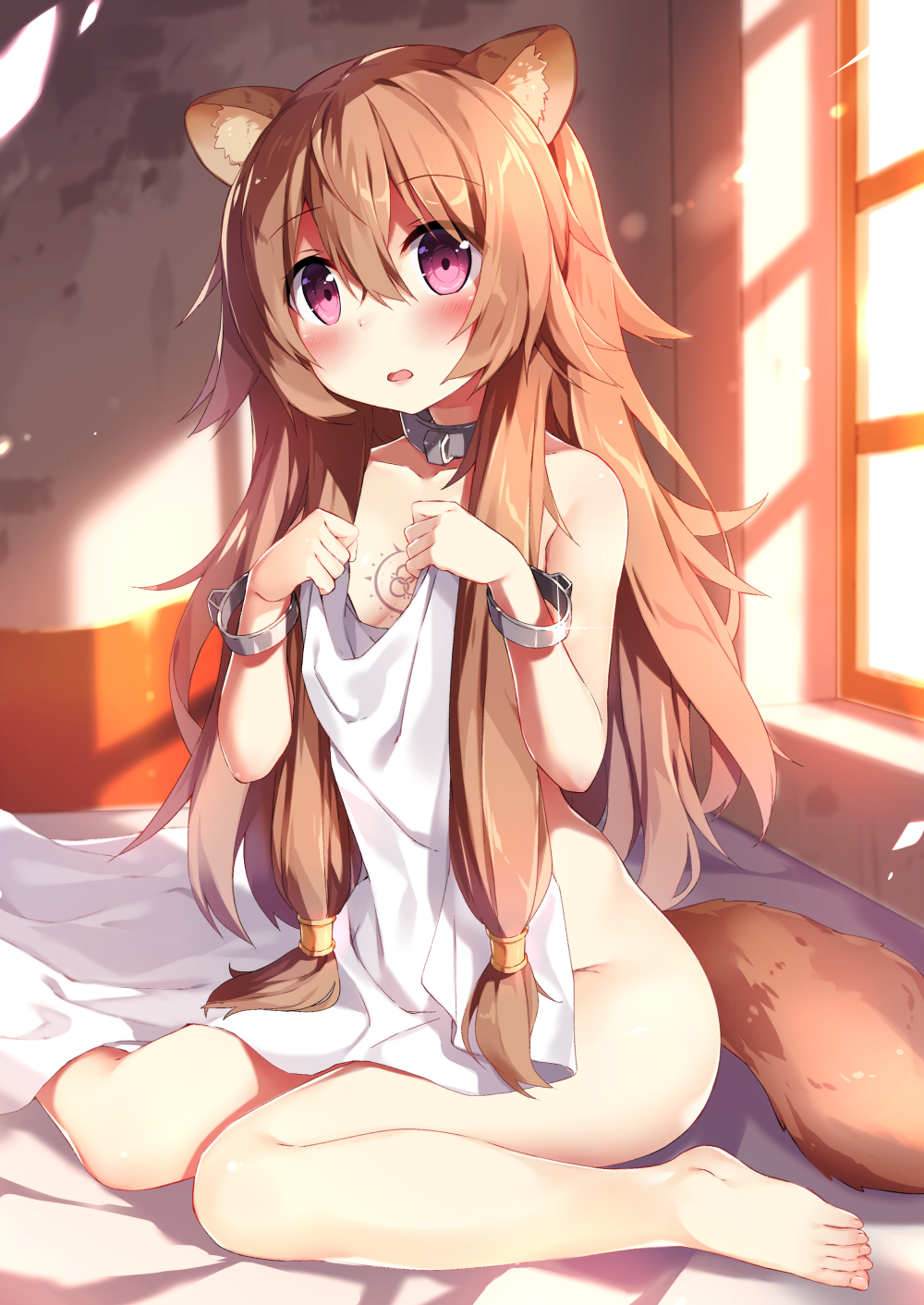 1girl animal_ear_fluff animal_ears bangs barefoot blush breasts brown_hair collar collarbone commentary_request cuffs day eyebrows_visible_through_hair ezoshika full_body glint hair_between_eyes hair_tubes highres indoors long_hair looking_at_viewer naked_sheet nude open_mouth pink_eyes raccoon_ears raccoon_girl raccoon_tail raphtalia shackles sidelocks sitting small_breasts solo tail tate_no_yuusha_no_nariagari tattoo very_long_hair wariza window