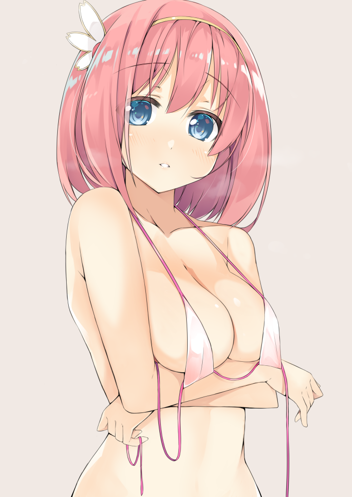 1girl arms_under_breasts bangs bikini bikini_top blue_eyes blush breast_hold breasts brown_background cleavage collarbone commentary_request eyebrows_visible_through_hair hair_between_eyes hair_ornament head_tilt kusano_yui looking_at_viewer medium_breasts parted_lips pink_hair princess_connect! princess_connect!_re:dive sasakura simple_background solo swimsuit untied untied_bikini upper_body white_bikini