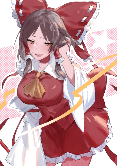 1girl ascot blush bow breasts brown_hair collared_shirt commentary_request cookie_(touhou) cowboy_shot detached_sleeves frilled_bow frilled_hair_tubes frilled_shirt_collar frilled_skirt frills hair_bow hair_tubes hakurei_reimu hand_in_own_hair kebabu_01 large_breasts looking_at_viewer medium_bangs medium_hair open_mouth orange_ascot red_bow red_shirt red_skirt sananana_(cookie) shirt sidelocks skirt skirt_set sleeveless sleeveless_shirt solo star_(symbol) touhou white_sleeves yellow_eyes