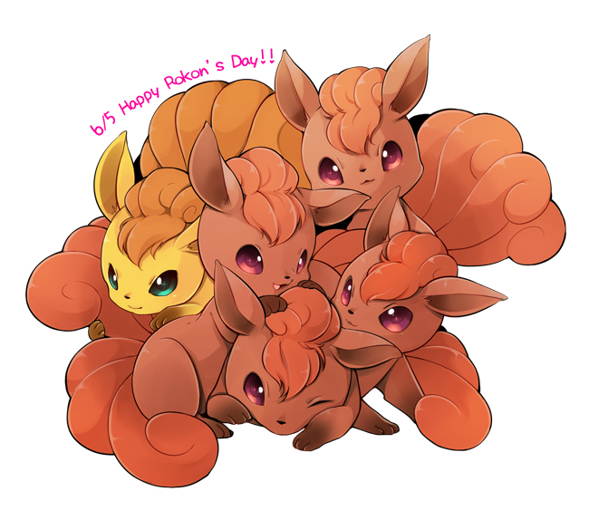 alternate_color animal_focus closed_mouth dated english_text green_eyes honey-cat multiple_tails no_humans one_eye_closed open_mouth pokemon pokemon_(creature) purple_eyes shiny_pokemon simple_background smile tail vulpix white_background