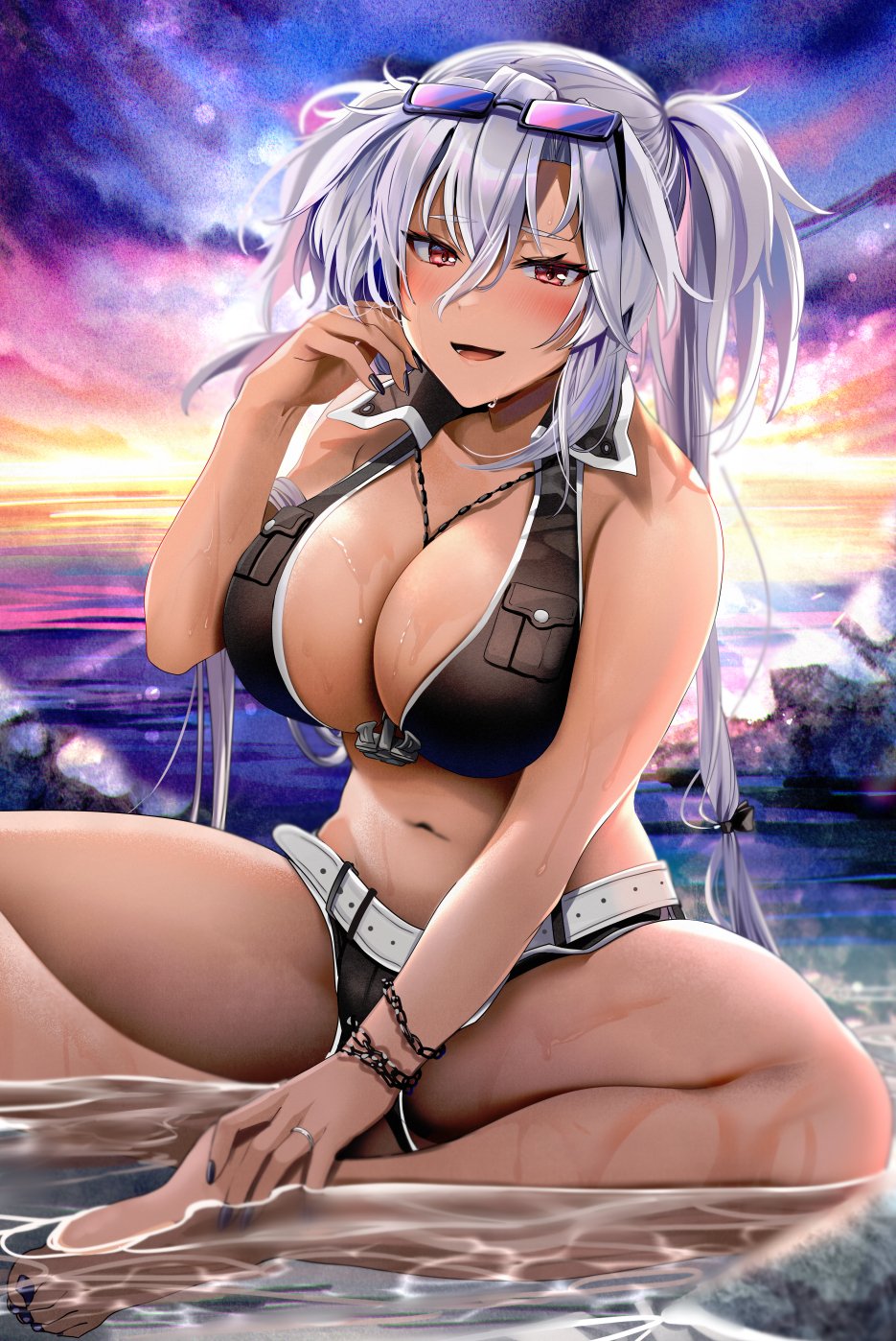 1girl anchor_necklace belt between_breasts bikini bikini_shorts black_nails blush breast_pocket breasts dark-skinned_female dark_skin eyewear_on_head glasses highres jewelry kantai_collection large_breasts long_hair looking_at_viewer lowleg musashi_(kancolle) musashi_kai_ni_(kancolle) nail_polish navel necklace outdoors pocket red_eyes semi-rimless_eyewear shorts sitting smile swimsuit tsurime twilight twintails under-rim_eyewear very_long_hair yunamaro