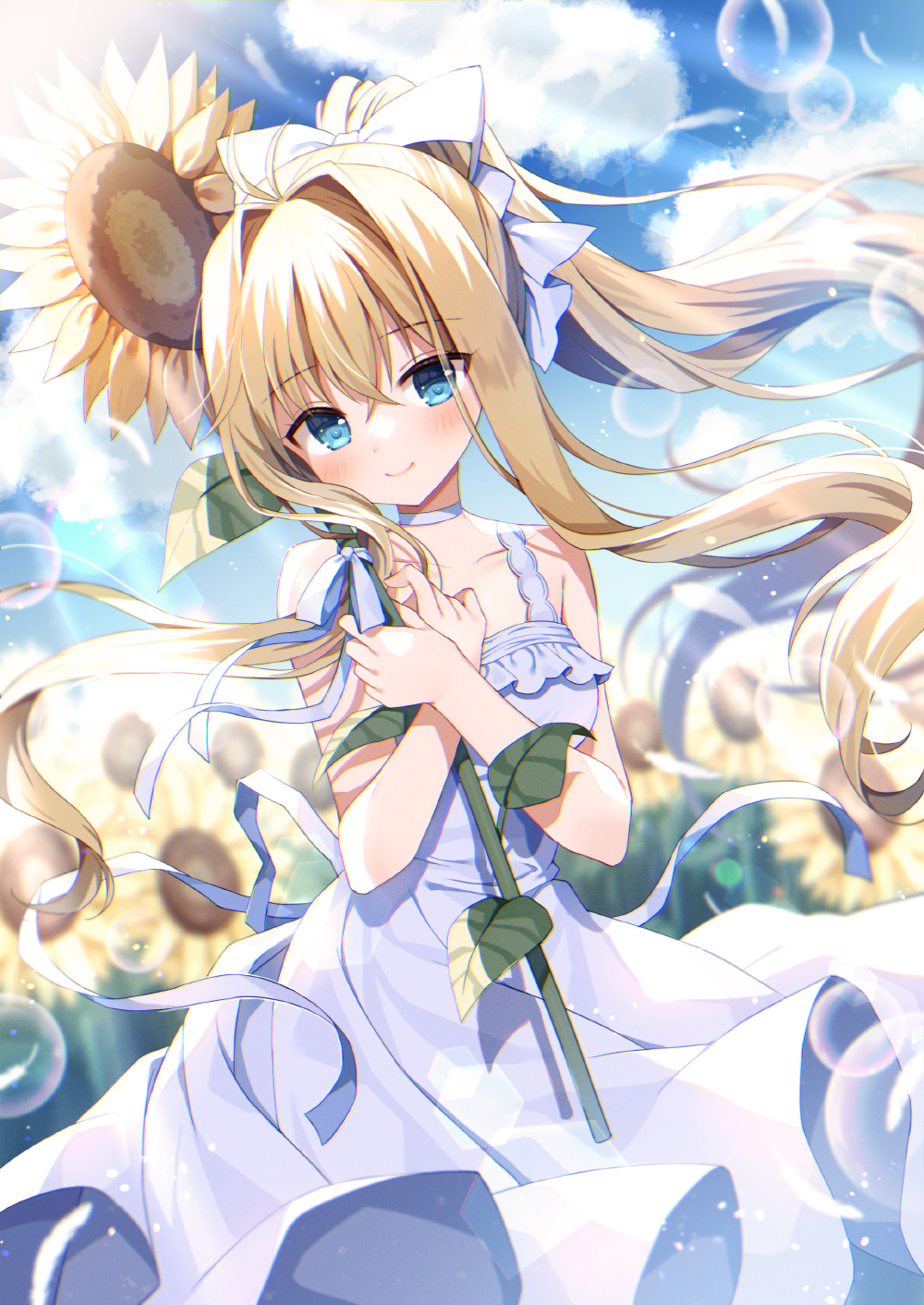 1girl air bangs bare_shoulders blonde_hair blue_bow blue_eyes blue_sky blurry blurry_background bow closed_mouth cloud collarbone commentary_request day depth_of_field dress field flower flower_field hair_between_eyes hair_bow hair_intakes highres kamio_misuzu long_hair mauve object_hug outdoors pleated_dress ponytail sky sleeveless sleeveless_dress smile solo sunflower very_long_hair white_dress yellow_flower