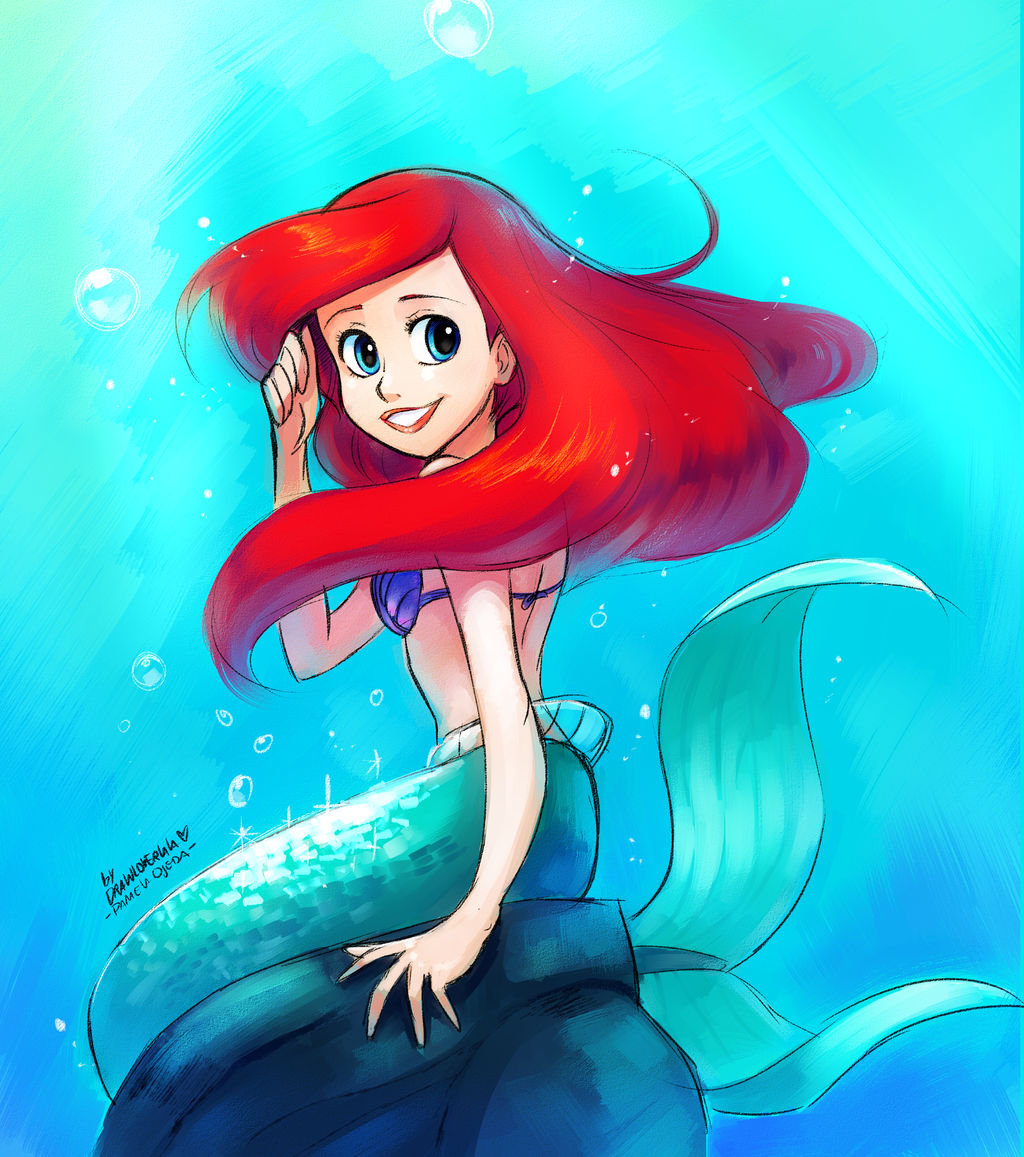 1girl ariel_(disney) blue_eyes disney drawloverlala fins long_hair mermaid monster_girl red_hair shell shell_bikini smile solo tail the_little_mermaid underwater