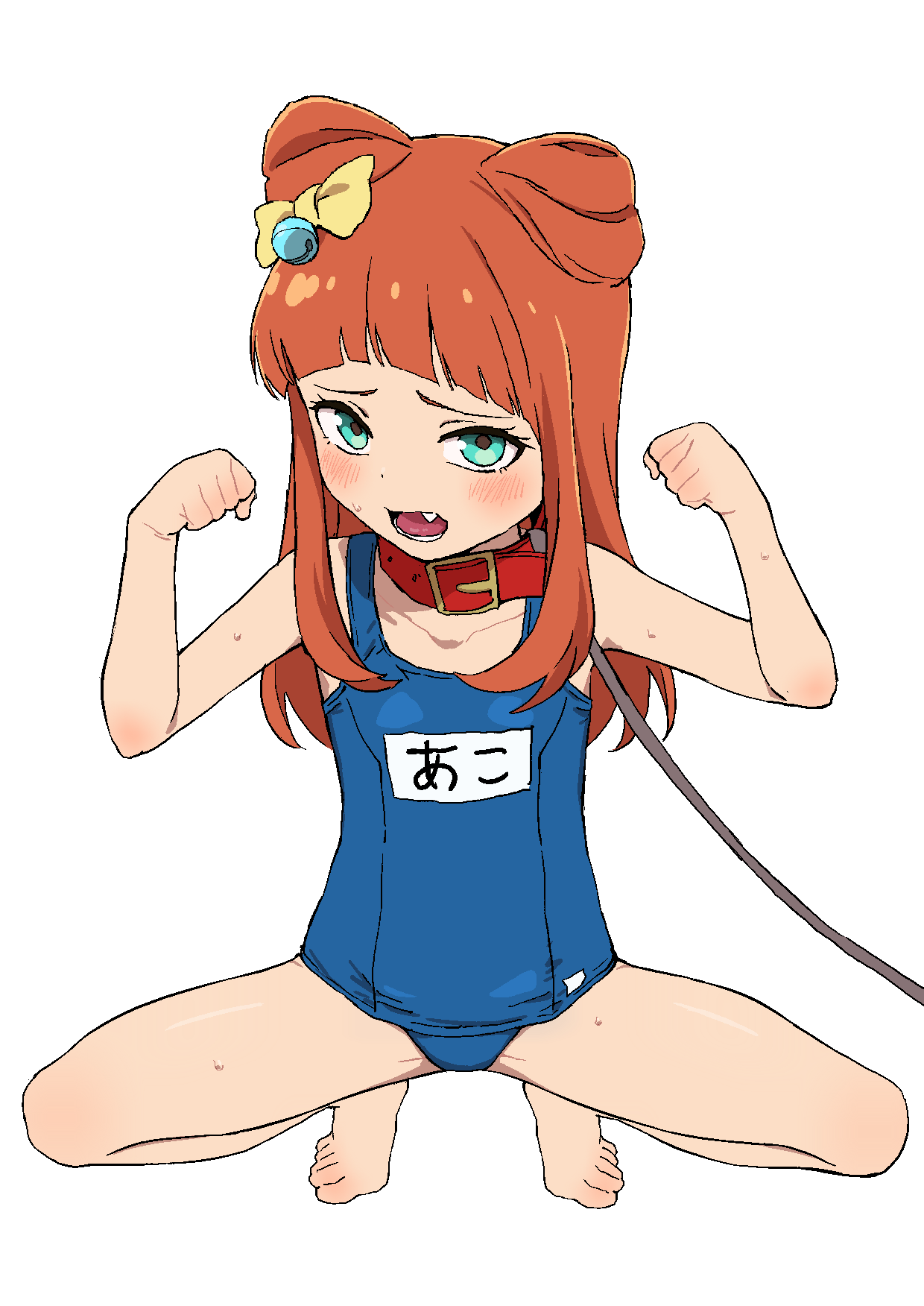 1girl animal_collar bangs barefoot blue_swimsuit blunt_bangs blush bow breasts character_request collar collarbone copyright_request fangs full_body green_eyes hair_bow highres leash long_hair looking_at_viewer name_tag orange_hair osame paw_pose red_collar small_breasts solo spread_legs squatting swimsuit toes viewer_holding_leash yellow_bow