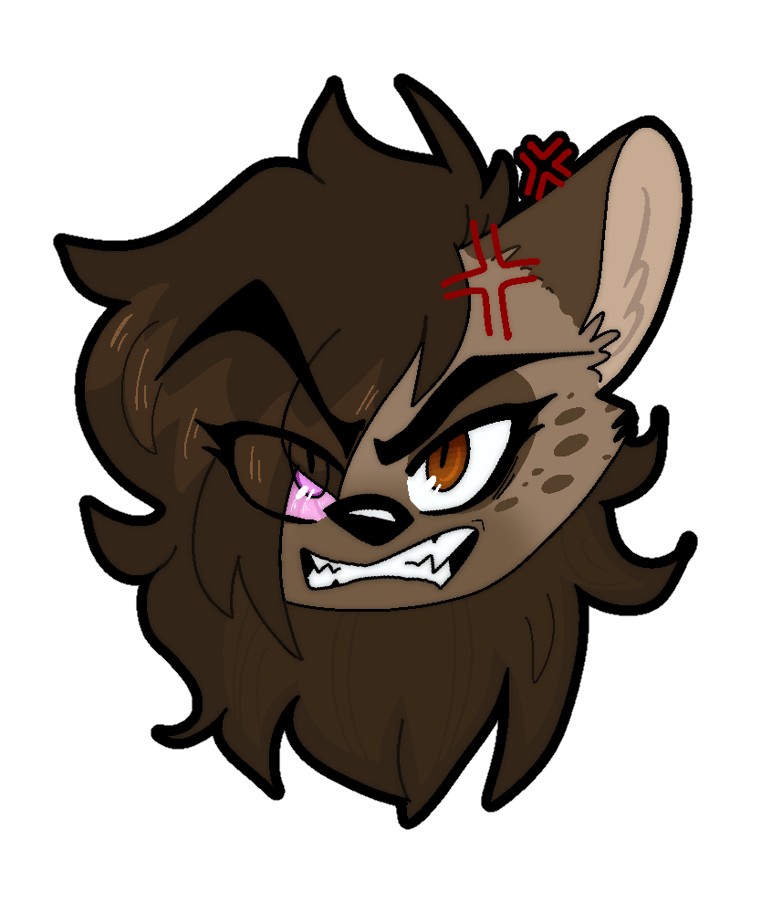 anthro brown_hair cross-popping_vein eyebrows female glare hair helena_(bonk6) hyaenid mammal outline raised_eyebrow solo yaddoriart