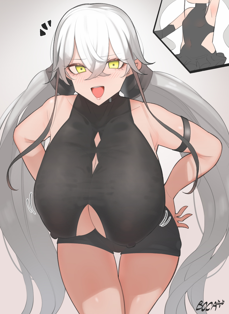 bare_shoulders blush boca breasts cameltoe cleavage_cutout clothing_cutout collarbone cosplay covered_nipples destroyer_(girls'_frontline) gaia_(girls'_frontline) gaia_(girls'_frontline)_(cosplay) girls'_frontline green_eyes grey_hair hands_on_hips highres huge_breasts leaning_forward long_hair low_twintails open_mouth sangvis_ferri smile twintails very_long_hair
