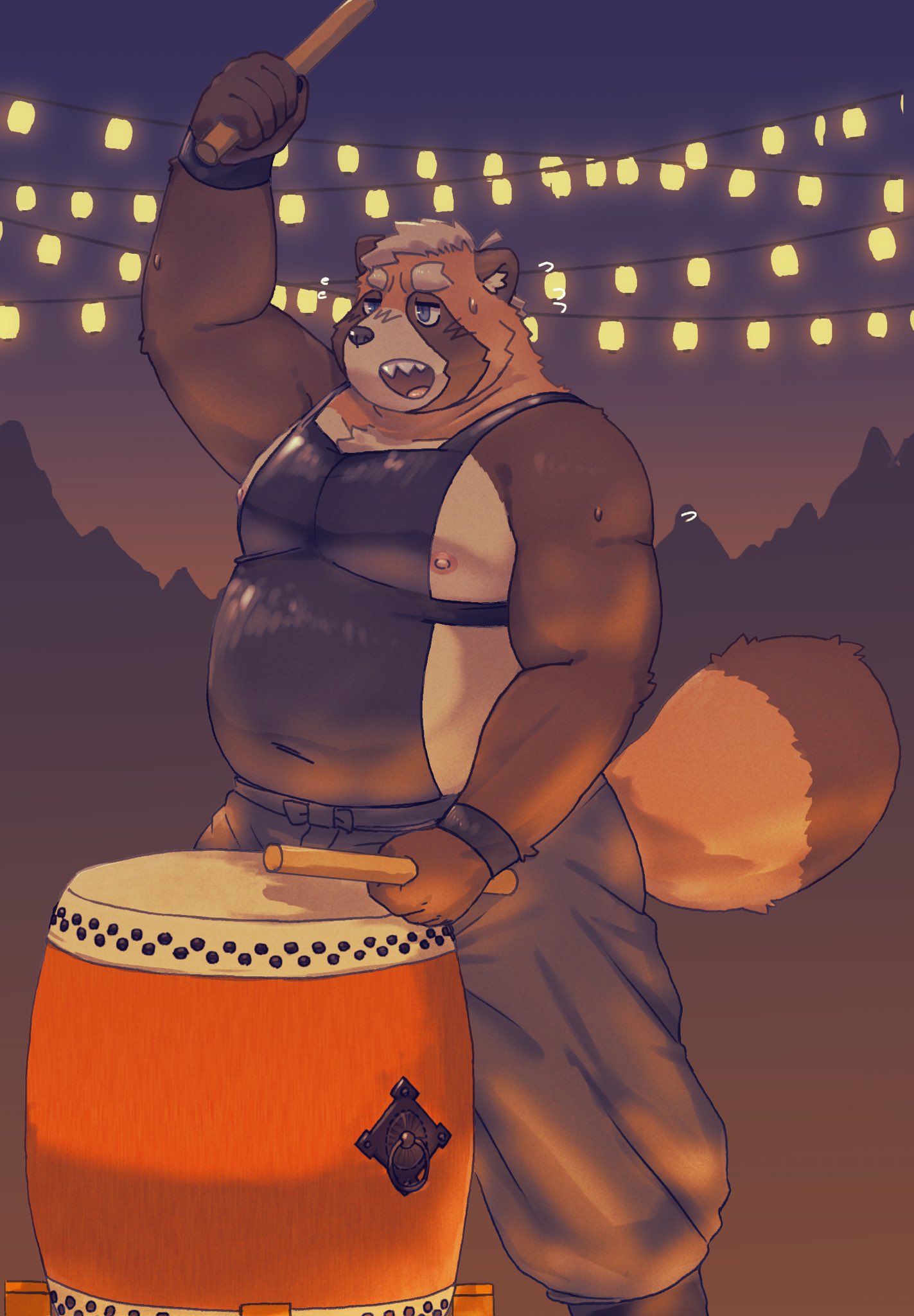 2022 anthro asian_clothing belly big_belly bodily_fluids brown_body canid canine clothing drum east_asian_clothing festival hi_res humanoid_hands japanese_clothing kemono male mammal maron2475 moobs musical_instrument night nipples outside overweight overweight_male percussion_instrument raccoon_dog solo sweat taiko_drum tanuki