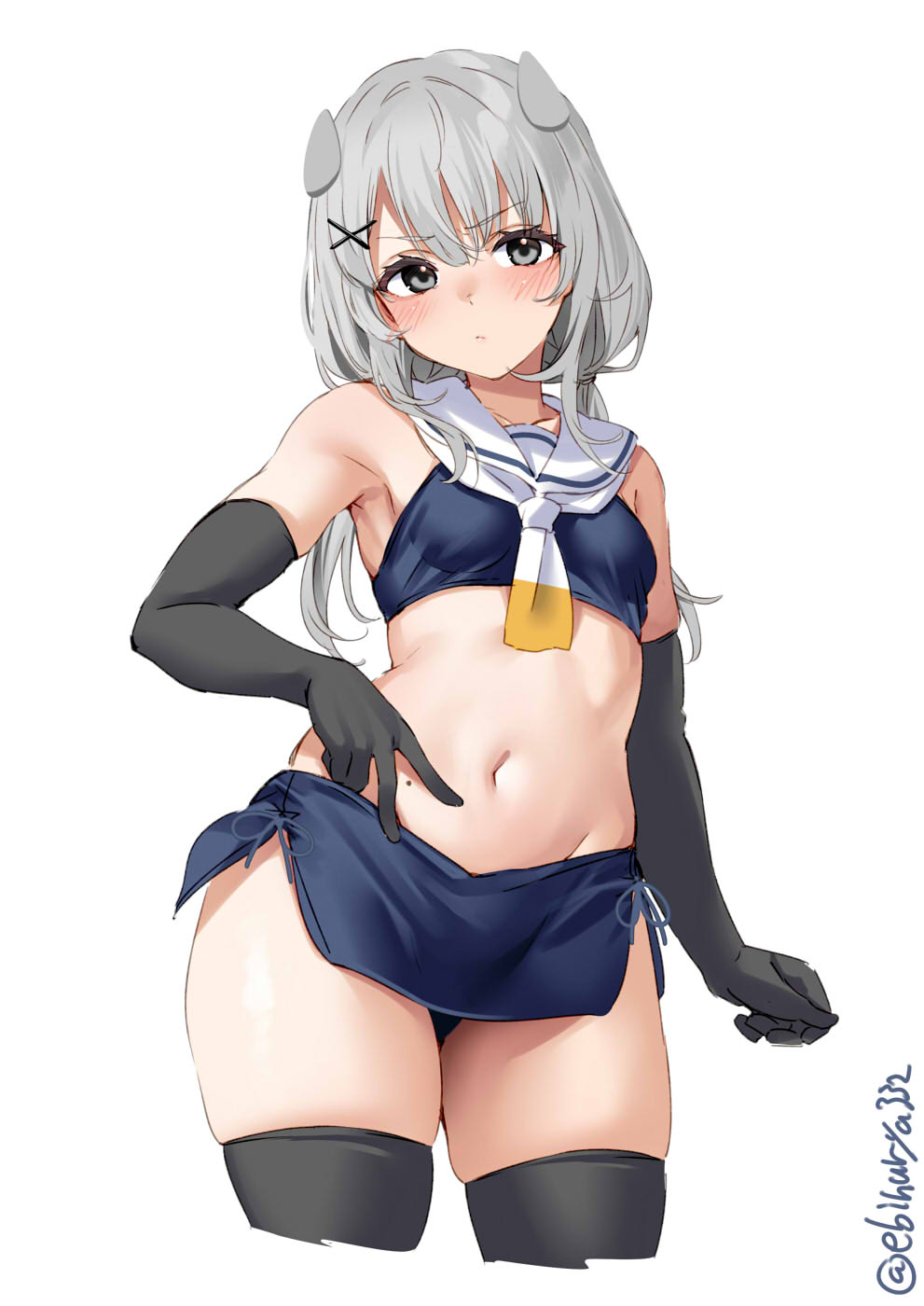 1girl armpits black_gloves blue_skirt blue_swimsuit blush breasts collarbone cowboy_shot crop_top cropped_legs detached_collar ebifurya elbow_gloves fake_horns gloves gradient_neckerchief grey_eyes grey_hair grey_neckerchief hair_between_eyes hair_ornament hand_on_hip highres horned_headwear horns i-201_(kancolle) kantai_collection long_hair looking_at_viewer medium_hair midriff mole mole_on_stomach navel neckerchief nontraditional_school_swimsuit one-hour_drawing_challenge pencil_skirt rudder_footwear sailor_collar school_swimsuit side-tie_bottom simple_background skirt small_breasts solo swimsuit thighhighs twitter_username white_background white_neckerchief x_hair_ornament