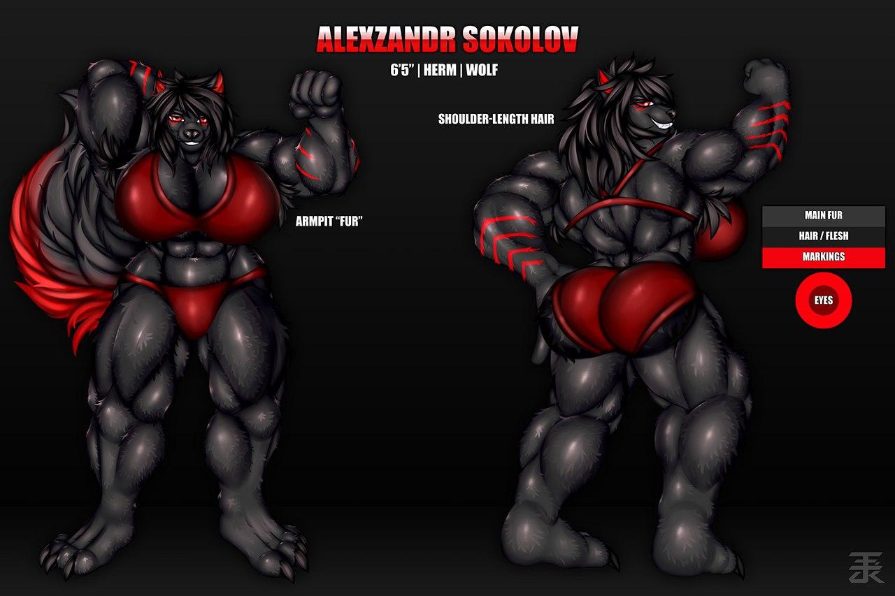 alexzandr_sokolov anthro armpit_hair big_breasts big_muscles black_body black_fur black_hair body_hair breasts canid canine canis clothing flexing fur hair herm intersex mammal markings model_sheet muscular plantigrade red_eyes red_markings solo text underwear wolf zi0808