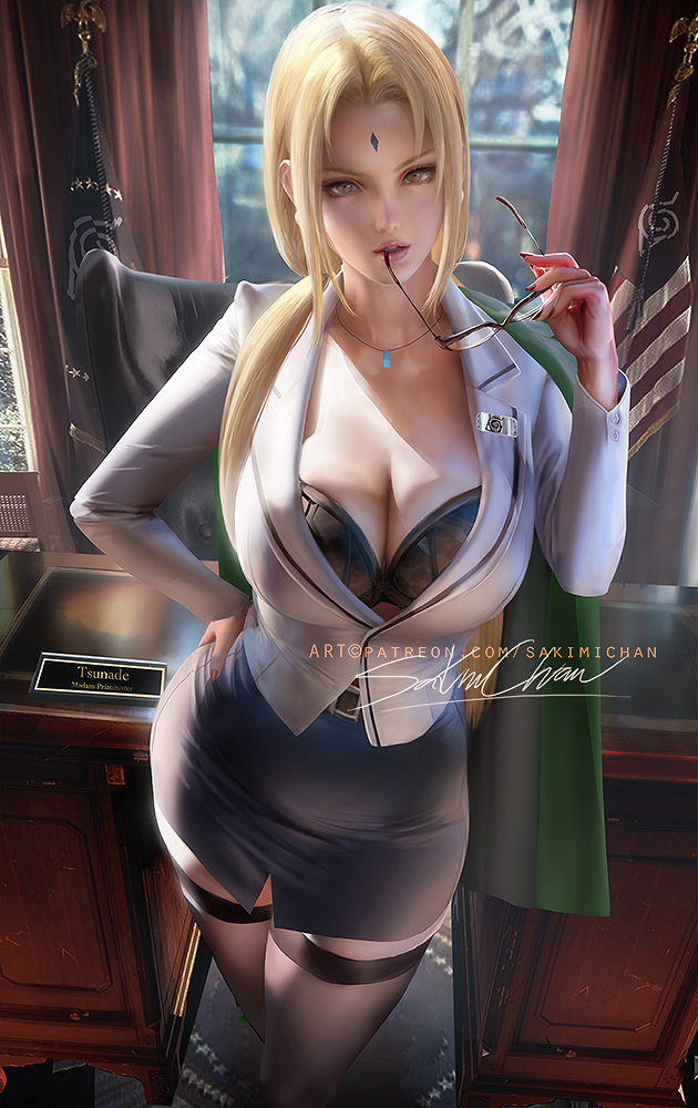 1girl alternate_costume banned_artist belt black_bra black_skirt black_thighhighs blonde_hair bra breasts brown_eyes character_name cleavage glasses holding holding_eyewear jacket jewelry large_breasts lips long_hair long_sleeves looking_at_viewer naruto naruto_(series) necklace office sakimichan skirt solo standing thighhighs tsunade_(naruto) underwear white_jacket