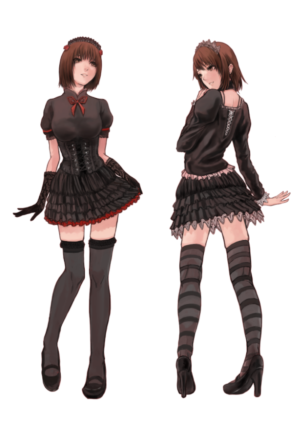 2girls amakura_mayu amakura_mio breasts brown_eyes brown_hair dress earrings fatal_frame fatal_frame_2 gauss_&lt;bokashi gloves high_heels highres jewelry multiple_girls short_hair siblings simple_background sisters skirt striped striped_legwear thighhighs twins white_background