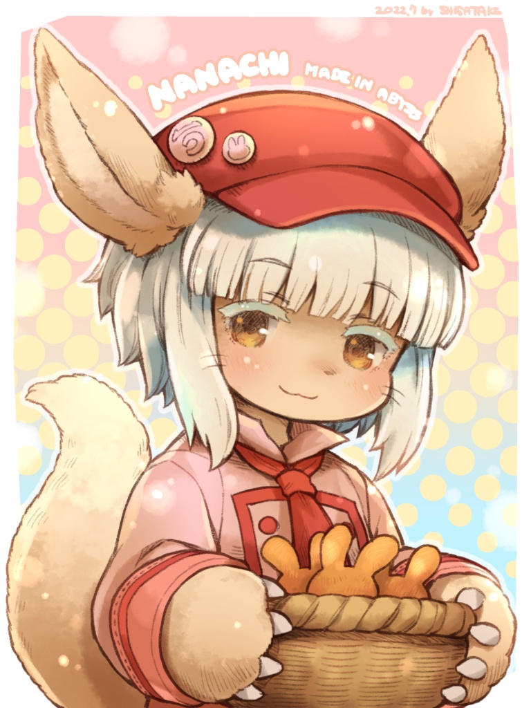 1other :3 alternate_costume androgynous animal_ears artist_name bangs baseball_cap basket blonde_hair blunt_bangs bob_cut body_fur border brown_eyes brown_fur buttons character_name collared_jacket colored_eyelashes commentary cookie copyright_name dated dotted_background food furry hat hat_pin holding holding_basket jacket long_sleeves looking_at_viewer made_in_abyss nanachi_(made_in_abyss) necktie official_alternate_costume outline outside_border pink_jacket rabbit_ears red_headwear red_necktie shigatake short_hair signature smile solo tail uniform upper_body whiskers white_border white_outline