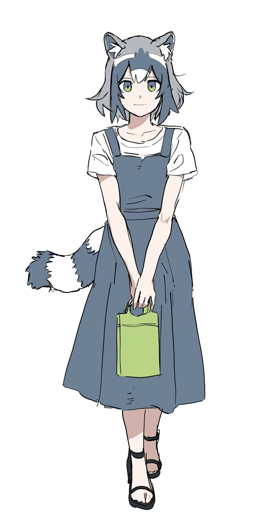 1girl alternate_costume animal_ears bag black_footwear blue_dress casual commentary_request common_raccoon_(kemono_friends) dress green_eyes grey_hair handbag high_heels highres ikiiki_arai kemono_friends looking_at_viewer multicolored_hair raccoon_ears raccoon_girl raccoon_tail sandals shirt short_hair short_sleeves solo suspenders t-shirt tail white_hair white_shirt