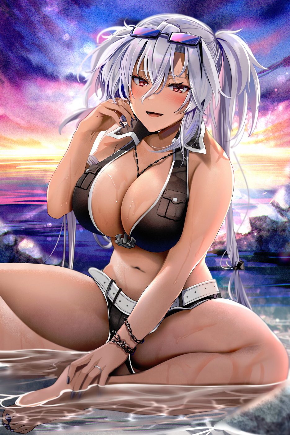 1girl anchor_necklace barefoot belt between_breasts bikini bikini_shorts black_nails blush breast_pocket breasts dark-skinned_female dark_skin eyewear_on_head glasses hands_on_feet highres jewelry kantai_collection large_breasts long_hair looking_at_viewer lowleg musashi_(kancolle) musashi_kai_ni_(kancolle) nail_polish navel necklace outdoors pocket red_eyes semi-rimless_eyewear shorts sitting smile swimsuit toenail_polish toenails tsurime twilight twintails under-rim_eyewear very_long_hair yunamaro