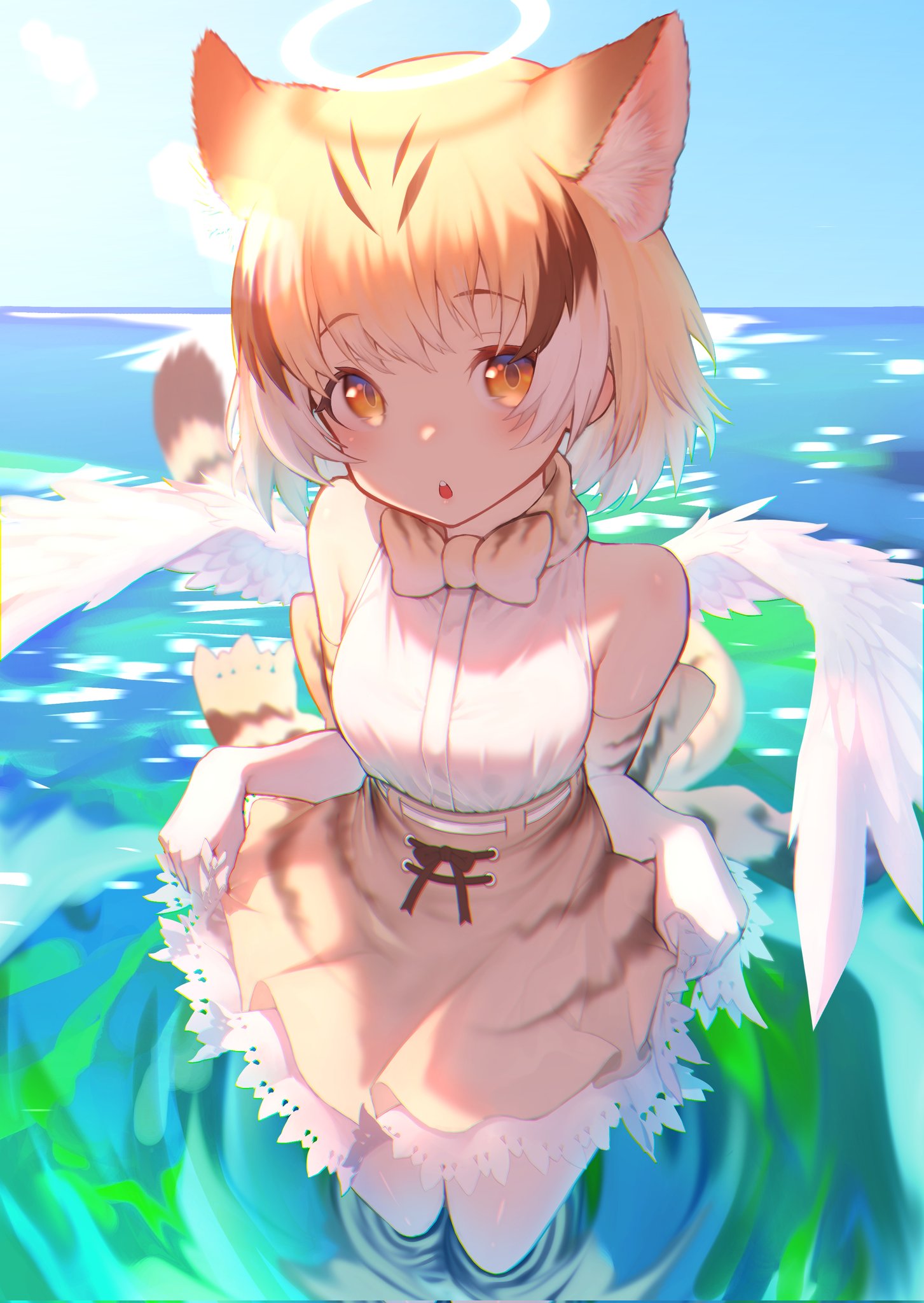1girl :o akuma_(st.takuma) angel_wings animal_ear_fluff animal_ears bare_shoulders blonde_hair blue_sky bow bowtie brown_hair cat_ears cat_girl cat_tail commentary extra_ears frilled_skirt frills halo highres kemono_friends looking_at_viewer multicolored_hair open_mouth orange_eyes print_bow print_bowtie print_skirt sand_cat_(kemono_friends) sand_cat_print shirt short_hair skirt skirt_hold sky sleeveless sleeveless_shirt solo tail two-tone_hair wading water white_shirt wings
