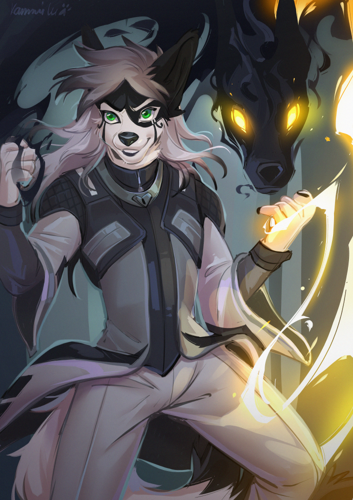 2022 5_fingers anthro black_nose canid canine canis clothed clothing digital_media_(artwork) domestic_dog duo fingers glowing glowing_eyes green_eyes hair kammi-lu male mammal smile white_hair