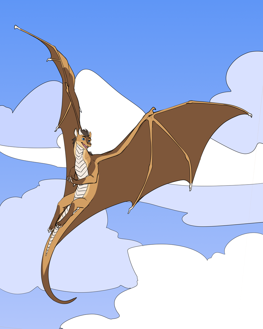 2022 brown_hair cloud day detailed_background digital_media_(artwork) dragon eyebrows eyelashes hair membrane_(anatomy) membranous_wings open_mouth outside sinalanf sky smile teeth tongue wings