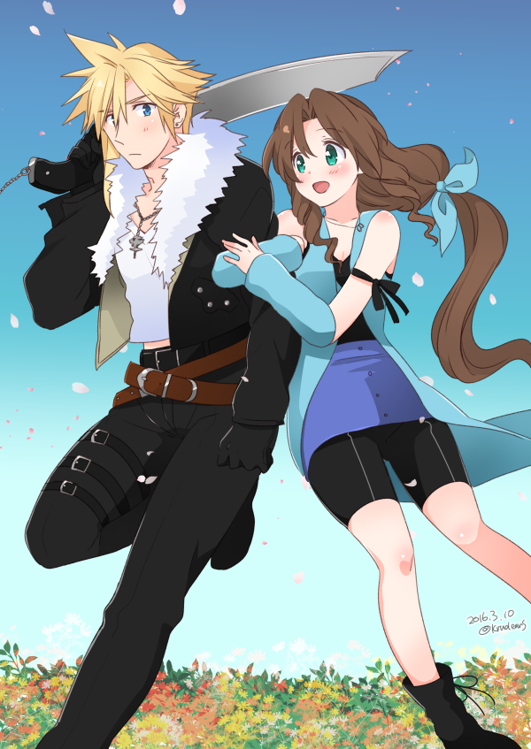 1boy 1girl aerith_gainsborough arm_ribbon arm_warmers bangs bare_shoulders belt black_footwear black_gloves black_jacket black_pants black_ribbon black_shorts blonde_hair blue_cardigan blue_ribbon blue_skirt blush boots breasts brown_hair buttons cardigan cleavage cloud_strife cosplay couple cropped_jacket earrings field final_fantasy final_fantasy_vii final_fantasy_viii flower flower_field fur_trim gloves green_eyes gunblade hair_between_eyes hair_ribbon holding_another's_arm jacket jewelry krudears leg_up long_hair long_sleeves loose_belt low-tied_long_hair medium_breasts midriff_peek multiple_belts necklace open_mouth outdoors over_shoulder pants parted_bangs ribbon rinoa_heartilly rinoa_heartilly_(cosplay) shirt short_hair shorts sidelocks single_earring skirt sleeveless sleeveless_shirt smile spiked_hair squall_leonhart squall_leonhart_(cosplay) thigh_strap upper_body wavy_hair weapon weapon_over_shoulder white_shirt