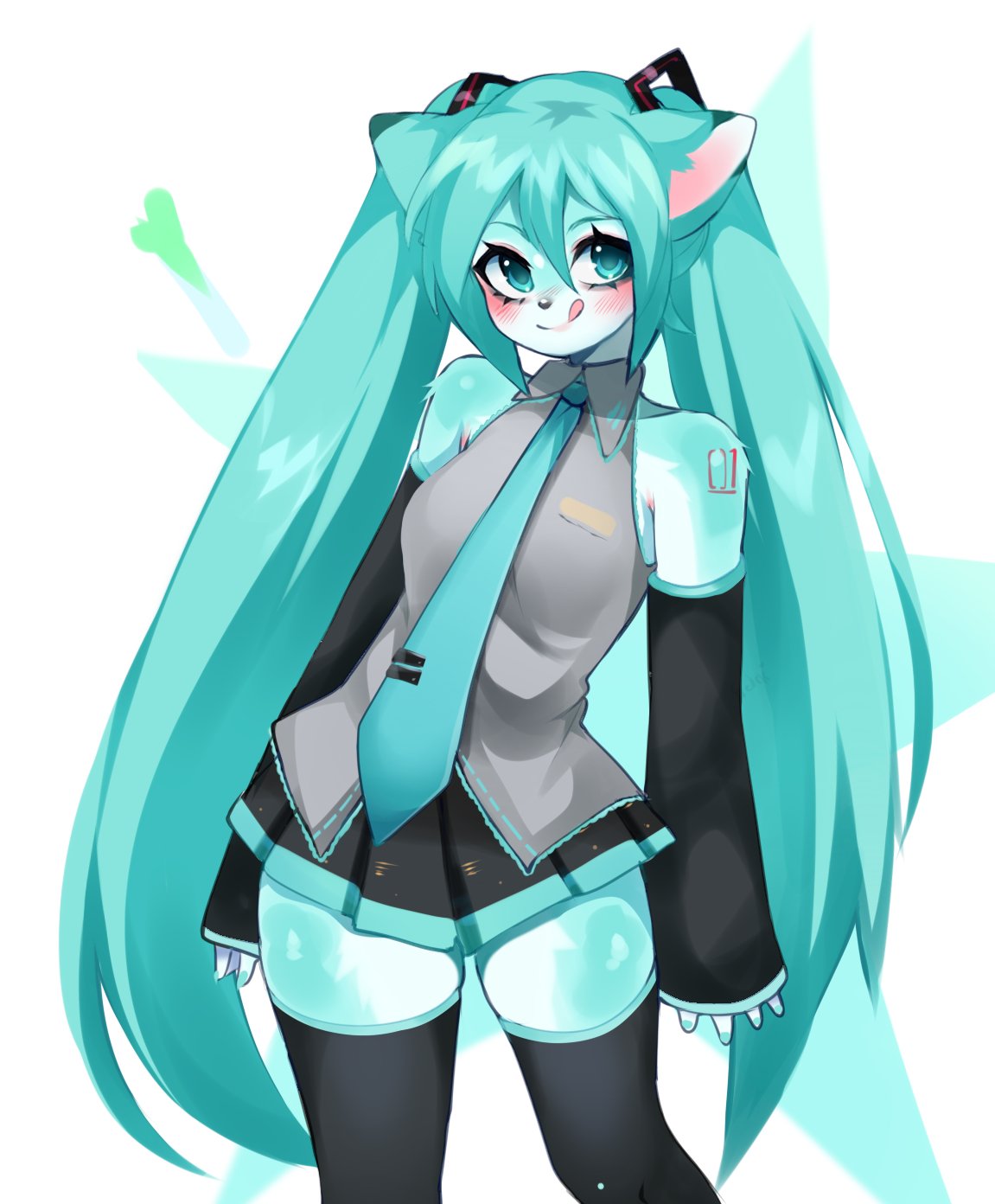 2022 accessory alternate_species anthro armwear blue_body blue_eyes blue_fur blue_hair blush bottomwear breasts clothing domestic_cat eyebrows eyelashes felid feline felis female food fredek666 fur furrification hair hair_accessory hatsune_miku hi_res leek legwear licking licking_lips long_hair looking_at_viewer mammal necktie onion pigtails plant portrait shirt skirt small_breasts solo standing star tattoo thigh_highs three-quarter_portrait tongue tongue_out topwear twintails_(hairstyle) vegetable vocaloid white_body white_fur