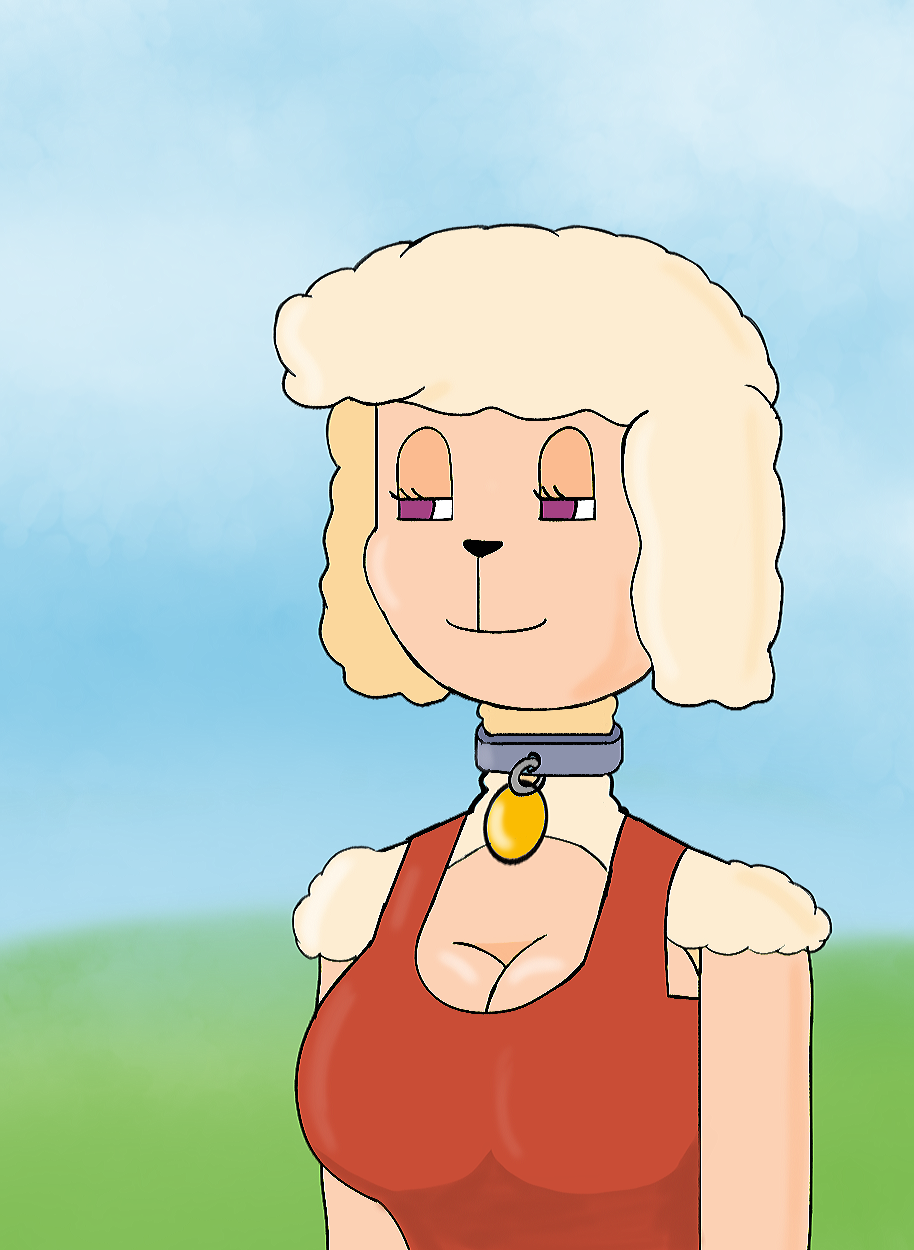 animatronic anthro anuvisur_(artist) big_breasts bovid bovine breasts caprine clothed clothing collar digital_media_(artwork) domestic_sheep female fur happy hi_res machine mammal robot sha_(twf) sheep simple_background smile solo the_walten_files wool_(fur)