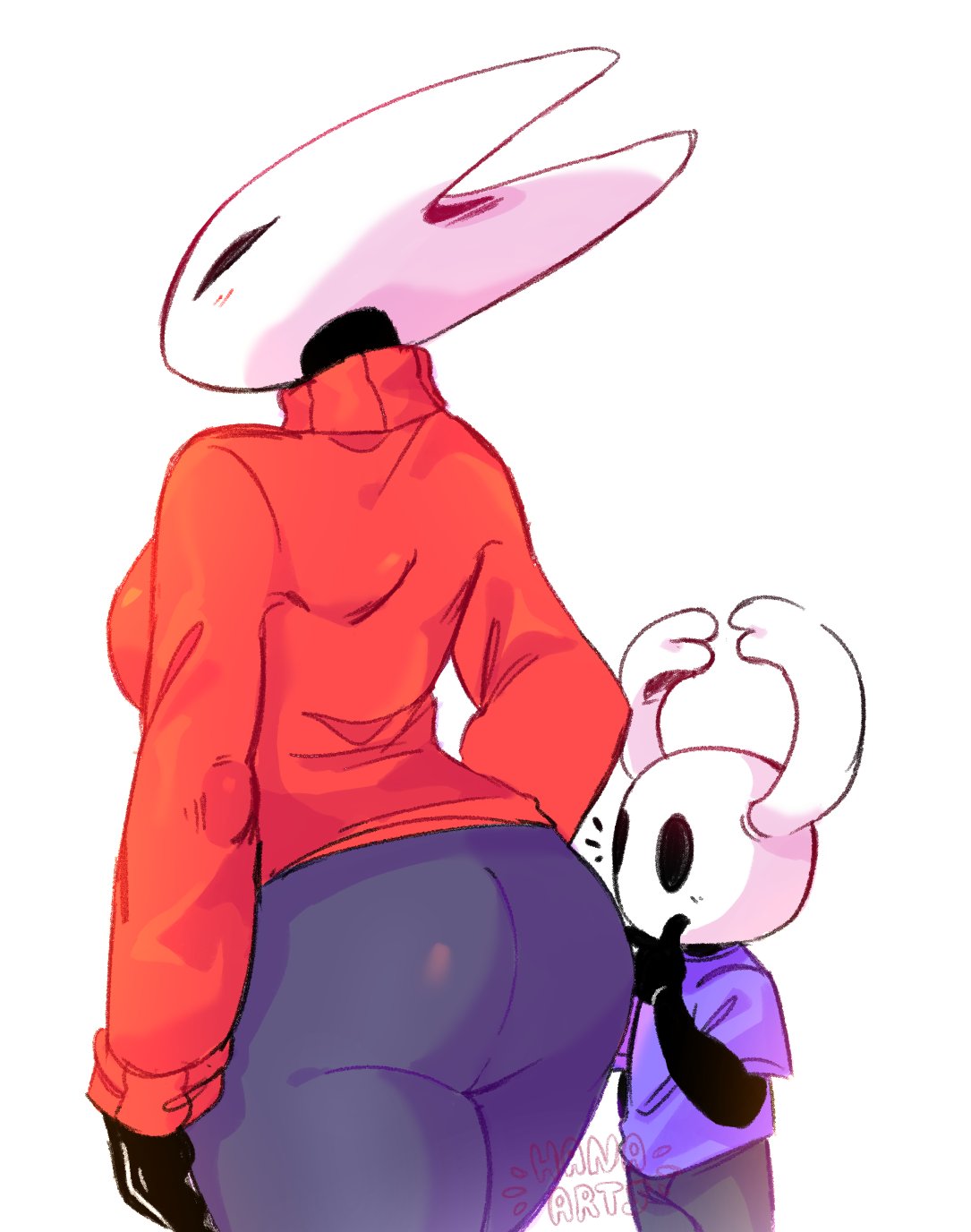 anthro arthropod blush bottomwear butt clothing denim denim_clothing duo female hanaarts hi_res hollow_knight hornet_(hollow_knight) insect jeans larger_female male male/female pants protagonist_(hollow_knight) shirt size_difference smaller_male sweater team_cherry topwear turtleneck video_games