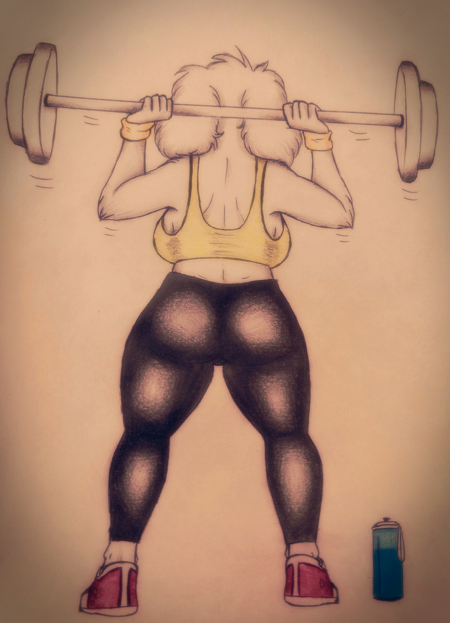 anthro barbell big_ears bra bredlaybagordh canid canine canis clothing domestic_dog exercise female hi_res mammal olannah rear_view solo sports_bra tight_clothing traditional_media_(artwork) underwear water_bottle workout