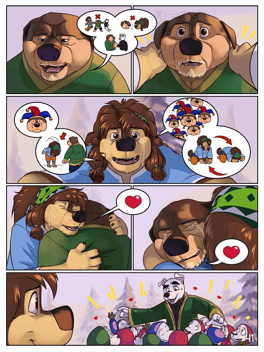 &lt;3 animal_crossing anthro black_clothing black_nose black_shirt black_topwear blue_clothing blue_hat blue_headwear blue_topwear bodi_(rock_dog) bodily_fluids bottomwear bovid bowing brown_body brown_fur canid canine canis caprine clothing comic crying dialogue domestic_dog eclipsewolf embrace eyebrows eyes_closed fool's_hat fur green_clothing green_hat green_headwear group hat headgear headwear hi_res hug hunting_dog jack_russell_terrier k.k._slider khampa_(rock_dog) livestock_guardian_dog looking_at_another looking_at_viewer looking_down male mammal molosser mountain_dog nintendo orange_bottomwear orange_clothing orange_shorts outside page_number pastoral_dog raised_eyebrow red_clothing red_hat red_headwear rock_dog sheep shirt shorts snow speech_bubble tears terrier tibetan_mountain_dog topwear turtleneck video_games white_body white_fur