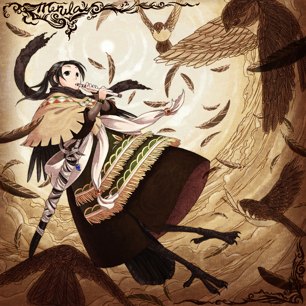 1boy animal animal_feet bird bird_tail bird_wings black_feathers black_hair black_scarf black_wings brown_background feathered_wings feathers flying full_body green_eyes hairband harpy_boy holding holding_instrument instrument looking_at_viewer magatama male_focus medium_hair mini_wings monster_boy music pixiv_fantasia pixiv_fantasia_5 playing_instrument ponytail scarf shawl sheath sheathed solo sword tail talons watari_taichi weapon wings