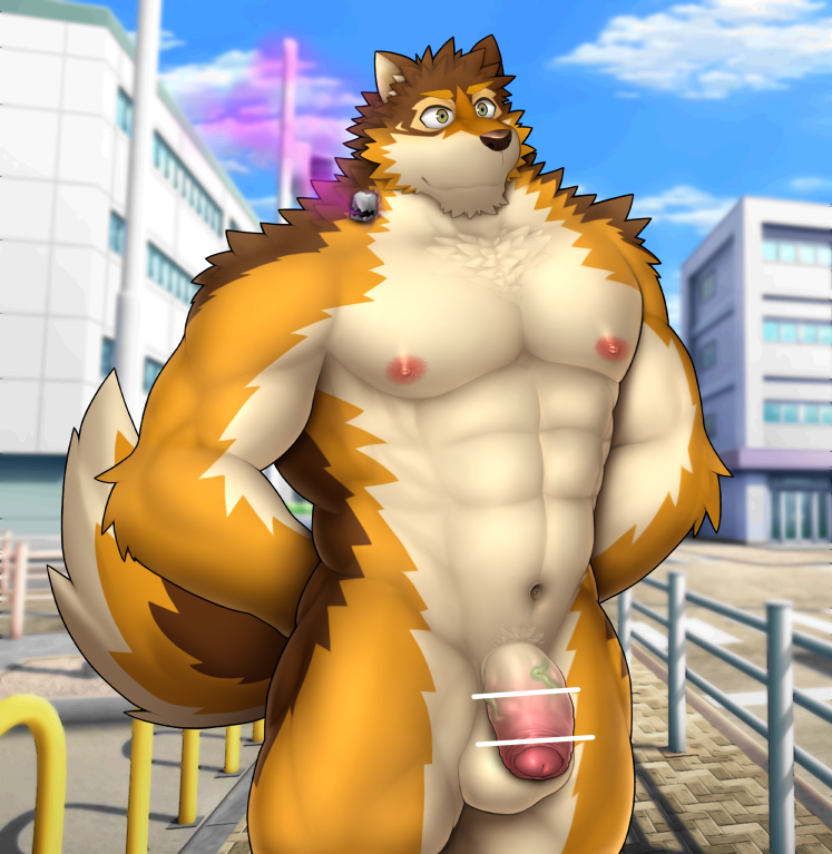 abs anthro balls barrel_(live-a-hero) canid canine canis foreskin genitals lifewonders live-a-hero male mammal muscular muscular_anthro muscular_male navel nazimi00 nipples nude pecs penis public public_nudity solo video_games wolf