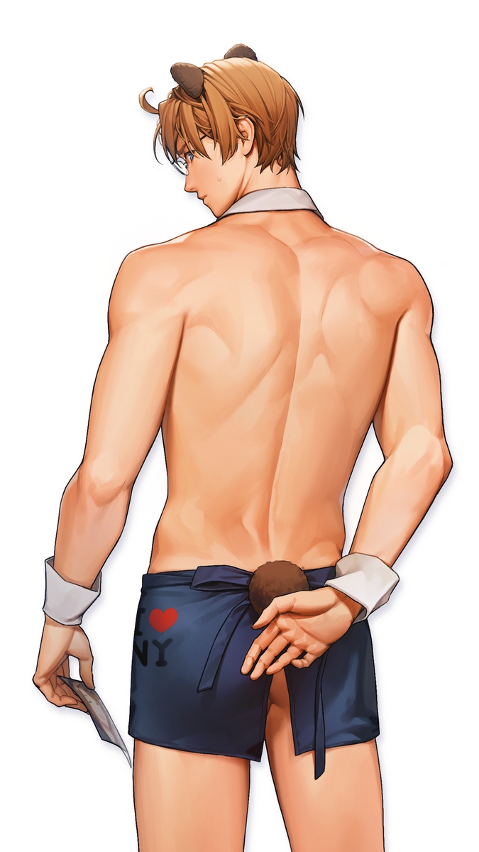 1boy america_(hetalia) animal_ears apron ass axis_powers_hetalia bear_ears bear_tail blonde_hair blue_eyes blush chippendales covering covering_ass cowboy_shot detached_collar fake_animal_ears fake_tail from_behind glasses highres holding holding_money i_heart... littleb623 looking_at_viewer looking_back male_focus money official_alternate_costume short_apron solo tail topless_male white_background wrist_cuffs