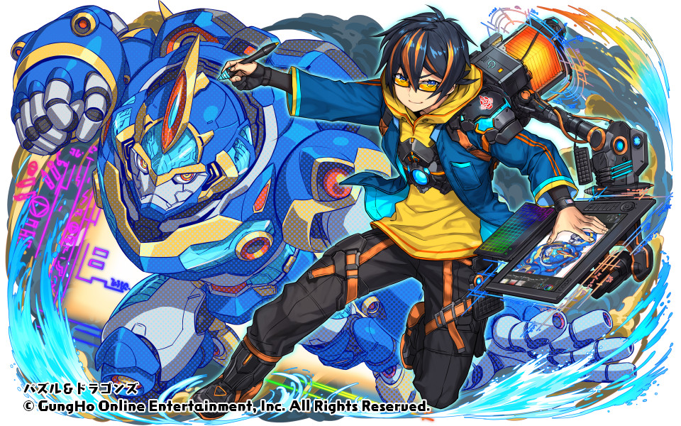 1boy armor bangs black_hair blue_eyes blue_jacket brown_pants drawing_tablet hair_between_eyes holding holding_stylus hood hoodie jacket male_focus mecha multicolored_hair ninnin_(shishitou) official_art orange_footwear orange_hair pants puzzle_&amp;_dragons robot shoes shoulder_armor sneakers streaked_hair stylus v-shaped_eyebrows yellow_hoodie