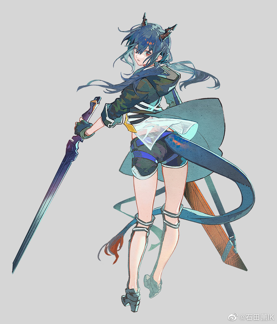 1girl arknights black_gloves black_jacket black_shorts blue_hair ch'en_(arknights) dragon_girl dragon_horns dragon_tail fingerless_gloves floating_hair from_behind full_body fur-tipped_tail gloves hair_between_eyes holding holding_sword holding_weapon horns jacket long_hair looking_at_viewer looking_back parted_lips qiqu red_eyes sheath sheathed shorts sleeves_past_elbows solo standing sword tail tail_through_clothes weapon weibo_logo weibo_username