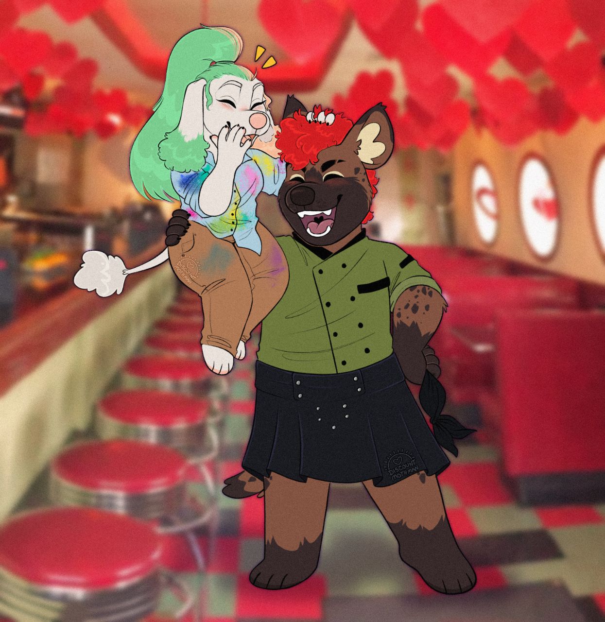 anthro canid canine canis chef_uniform discount_mothman domestic_dog duo female hi_res highlights_(coloring) hyaenid hybrid kilt larger_male male male/female mammal manna-mint mr.hakkai paint_stain poodle restaurant size_difference smaller_female ursid