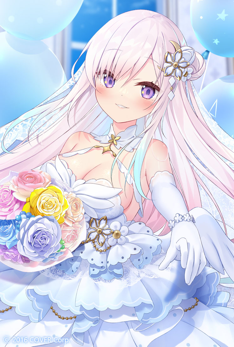 1girl airani_iofifteen balloon blue_flower blue_hair blurry blurry_background blush bouquet bracelet breasts bridal_veil cleavage crescent crescent_hair_ornament dress elbow_gloves flower frilled_dress frills gloves gradient_hair hair_bun hair_ornament hololive hololive_indonesia indoors jewelry large_breasts long_hair looking_at_viewer multicolored_hair night night_sky official_art pink_flower pink_hair purple_eyes sky solo veil virtual_youtuber wedding_dress white_dress white_gloves window wings yano_mitsuki yellow_flower