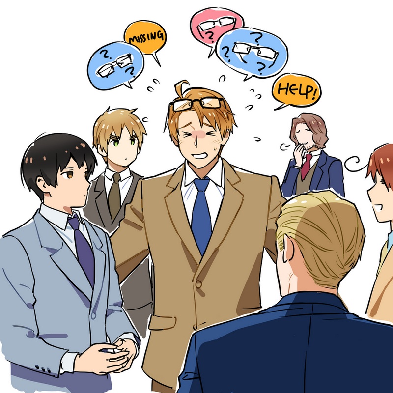 &gt;_&lt; 6+boys =_= ? america_(hetalia) axis_powers_hetalia black_hair blonde_hair blue_suit brown_hair brown_suit english_text eyewear_on_head faceless faceless_male flying_sweatdrops formal france_(hetalia) germany_(hetalia) japan_(hetalia) laughing littleb623 looking_at_another looking_for_glasses mendou_kusai multiple_boys northern_italy_(hetalia) official_alternate_costume simple_background spoken_question_mark suit thick_eyebrows united_kingdom_(hetalia) white_background