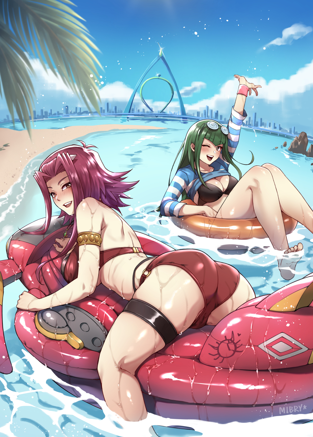 2girls ass bangs bare_shoulders beach blush breasts brown_eyes carly_nagisa floating floating_object glasses green_hair highres huge_ass izayoi_aki large_breasts long_hair looking_at_viewer looking_back mibry_(phrysm) multiple_girls ocean on_water outdoors red_hair sky smile swimsuit thick_thighs thighs water yu-gi-oh! yu-gi-oh!_5d's