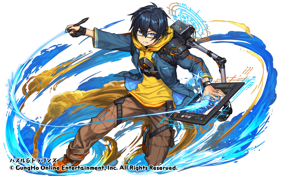 1boy armor bangs black_hair blue_eyes blue_jacket brown_pants drawing_tablet hair_between_eyes holding holding_stylus hood hoodie jacket male_focus ninnin_(shishitou) official_art orange_footwear pants puzzle_&amp;_dragons shoes shoulder_armor sneakers solo stylus v-shaped_eyebrows yellow_hoodie