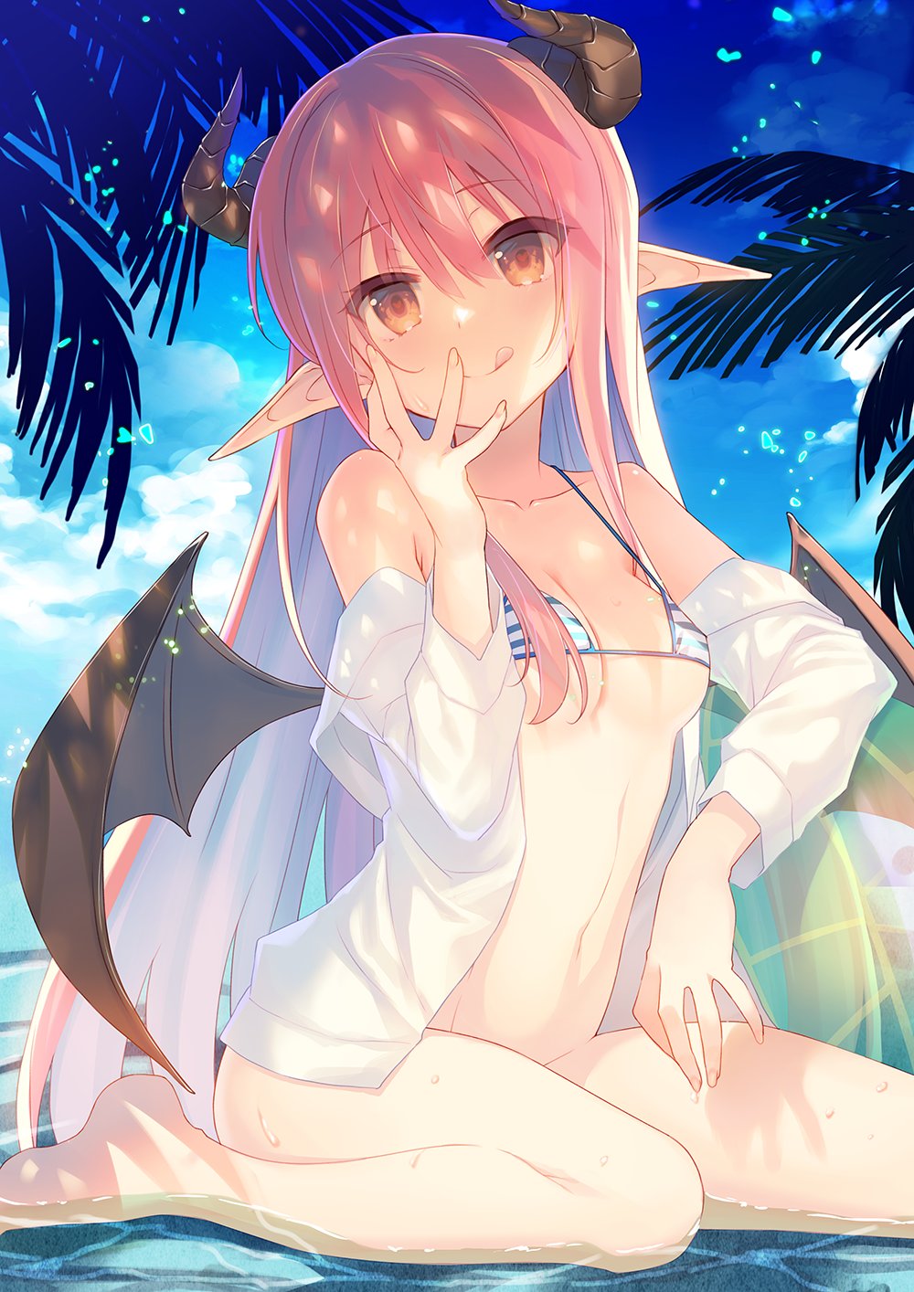 1girl :q barefoot bikini bikini_top_only bikini_under_clothes bottomless breasts brown_eyes cloud demon_girl demon_horns demon_wings feet hand_to_own_mouth highres horns long_hair navel off_shoulder open_clothes open_shirt original outdoors pink_hair pointy_ears shirt sitting sky small_breasts smile solo swimsuit takei_ooki thighs tongue tongue_out water white_shirt wings