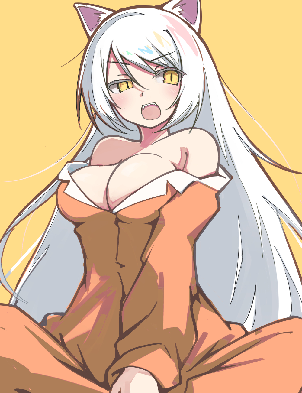 1girl animal_ears bakemonogatari bakeneko bare_shoulders black_hanekawa breasts caraku cat_ears cat_girl commentary_request hanekawa_tsubasa highres large_breasts long_hair looking_at_viewer monogatari_(series) off_shoulder open_mouth pajamas sitting slit_pupils solo teeth very_long_hair white_hair yellow_background yellow_eyes