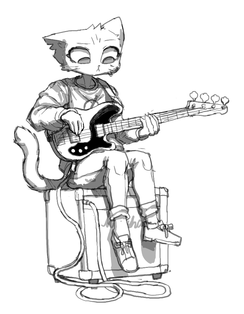 anthro black_and_white bottomwear clothing domestic_cat felid feline felis female fingers footwear guitar holding_object kemono long_tail looking_down mae_borowski mammal monochrome musical_instrument night_in_the_woods notched_ear pants plucked_string_instrument shirt shoes simple_background sitting solo string_instrument tekaaluk topwear video_games white_background