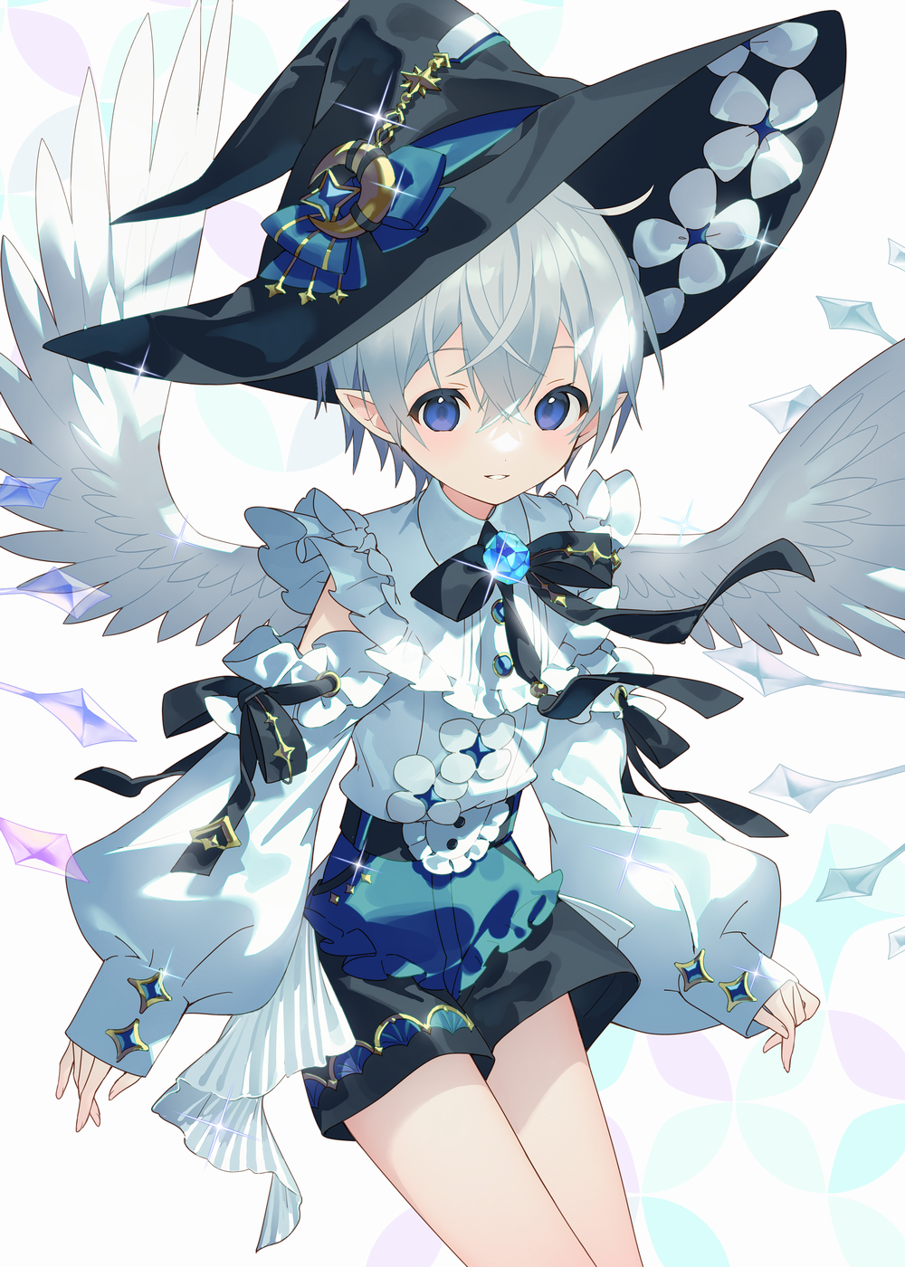 1girl bangs black_bow black_headwear black_shorts blue_bow blue_eyes bow commentary_request commission feathered_wings grey_hair hair_between_eyes hat hat_bow highres long_sleeves looking_at_viewer original parted_lips puffy_long_sleeves puffy_sleeves shirt short_shorts shorts skeb_commission sleeves_past_wrists solo white_background white_shirt white_wings wings witch_hat yamiko