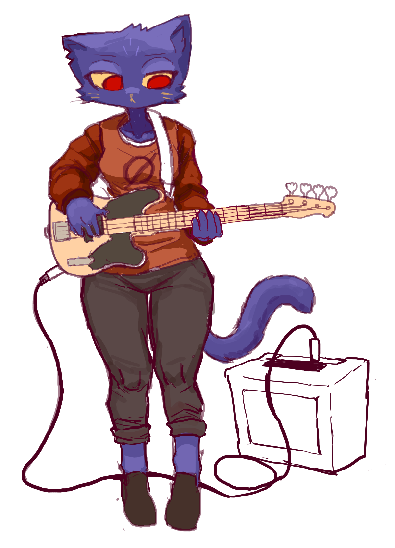 anthro black_and_white blue_body blue_fur bottomwear clothing domestic_cat felid feline felis female fingers footwear fur guitar holding_object kemono long_tail looking_down mae_borowski mammal monochrome musical_instrument night_in_the_woods notched_ear pants plucked_string_instrument red_eyes shirt shoes simple_background solo standing string_instrument tekaaluk topwear video_games whiskers white_background yellow_sclera