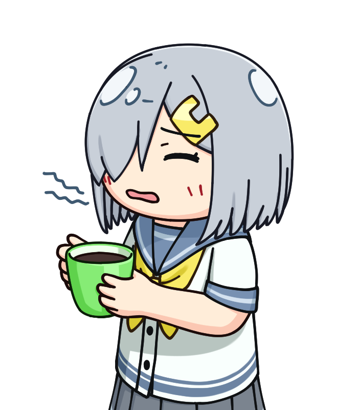 closed_eyes coffee commentary_request cup grey_hair grey_sailor_collar grey_skirt hair_ornament hair_over_one_eye hairclip hama!_(3toshinhmkz) hamakaze_(kancolle) kantai_collection mug neckerchief no_nose pleated_skirt sailor_collar school_uniform serafuku short_hair simple_background skirt upper_body white_background yellow_neckerchief