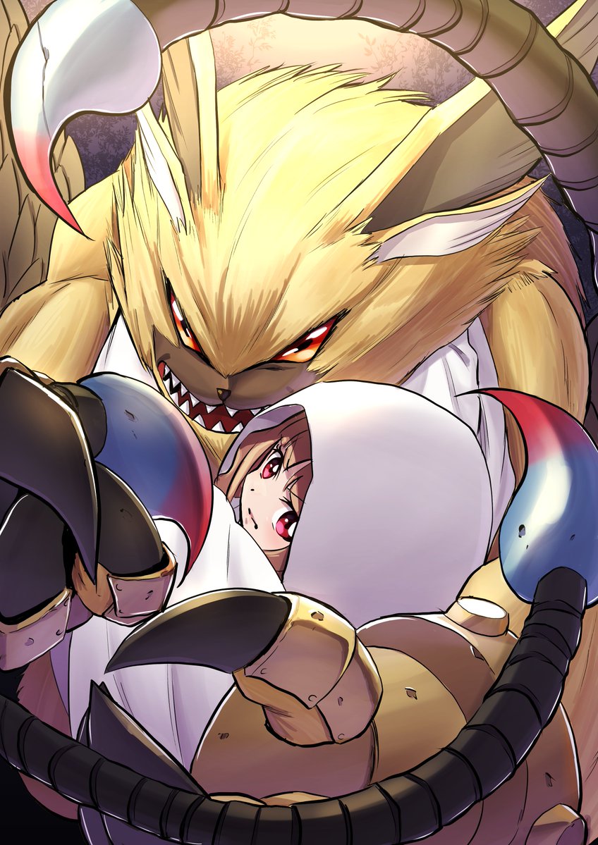 angry anthro bandai_namco brown_hair claws clothing digimon digimon_ghost_game duo embrace female fur hair hase_popopo hug human lamortmon long_ears long_hair male mammal orange_eyes protective purple_eyes robe ruri_tsukiyono sharp_claws sharp_teeth teeth winged_arms wings yellow_body yellow_fur