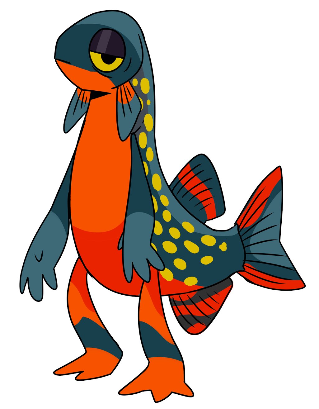 ambiguous_gender anthro blue_body fish half-closed_eyes hi_res imperatorcaesar marine narrowed_eyes orange_body red_body simple_background solo spots spotted_body standing yellow_body yellow_spots