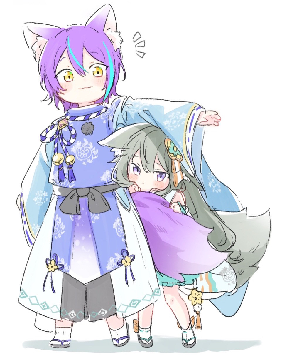 1boy 1girl animal_ear_fluff animal_ears aqua_hair bangs bell blue_robe blush chibi clinging detached_sleeves ears_down fox_boy fox_ears fox_girl fox_tail full_body geta green_hair hair_between_eyes hair_ornament hands_up height_difference hiding hiding_behind_another highres holding_another's_tail japanese_clothes jingle_bell kamishiro_rui kariginu kusanagi_nene long_hair long_sleeves looking_at_viewer multicolored_hair outstretched_arm peeking_out pom_pom_(clothes) project_sekai purple_eyes purple_hair ribbon-trimmed_sleeves ribbon_trim robe sekai_yoni short_hair sidelocks simple_background socks standing streaked_hair tabi tail tassel very_long_hair white_background white_socks wide_sleeves yellow_eyes
