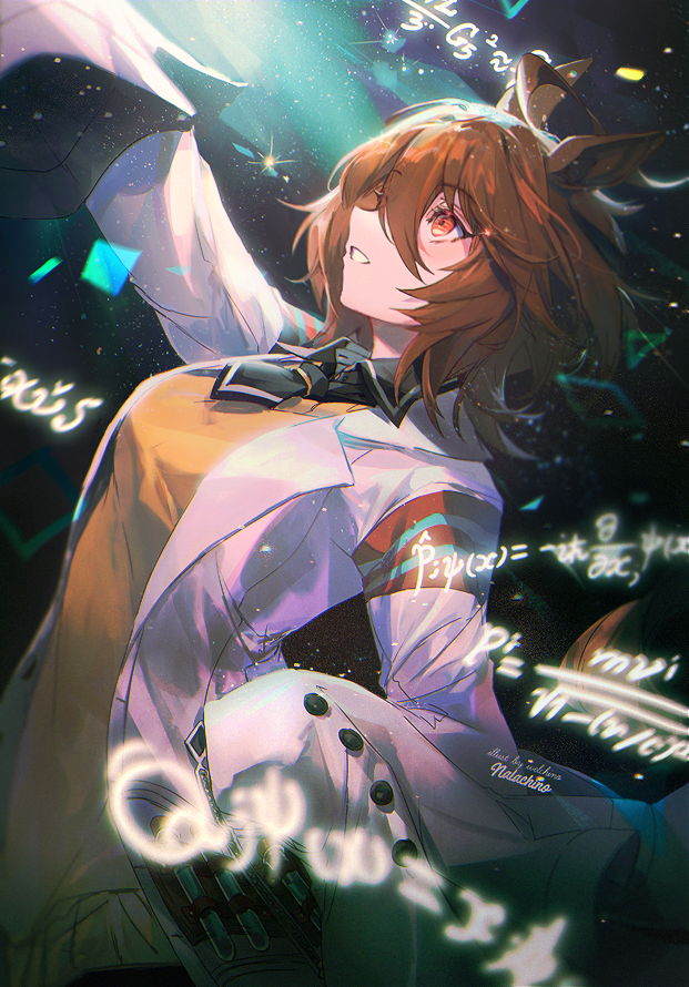 1girl agnes_tachyon_(umamusume) ahoge animal_ears artist_name bangs black_necktie breasts brown_hair confetti equation horse_ears labcoat looking_afar math medium_breasts medium_hair necktie orange_eyes outstretched_arm short_necktie sideways_mouth sleeves_past_fingers sleeves_past_wrists smile solo sparkle sweater teeth test_tube umamusume upper_body welchino yellow_sweater